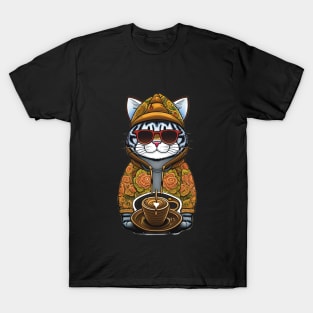 Cute Cat in Sunglasses and Hat with Coffee: Funny Coffee Lover Design T-Shirt